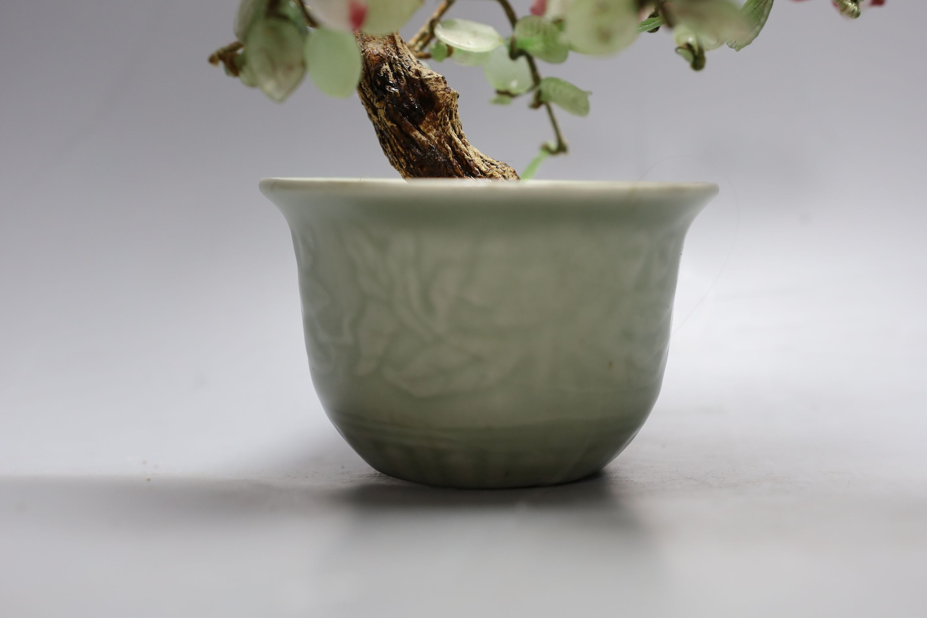 A pair of Chinese blue and white double gourd vases, similar moonflask and flower ornament 18cm